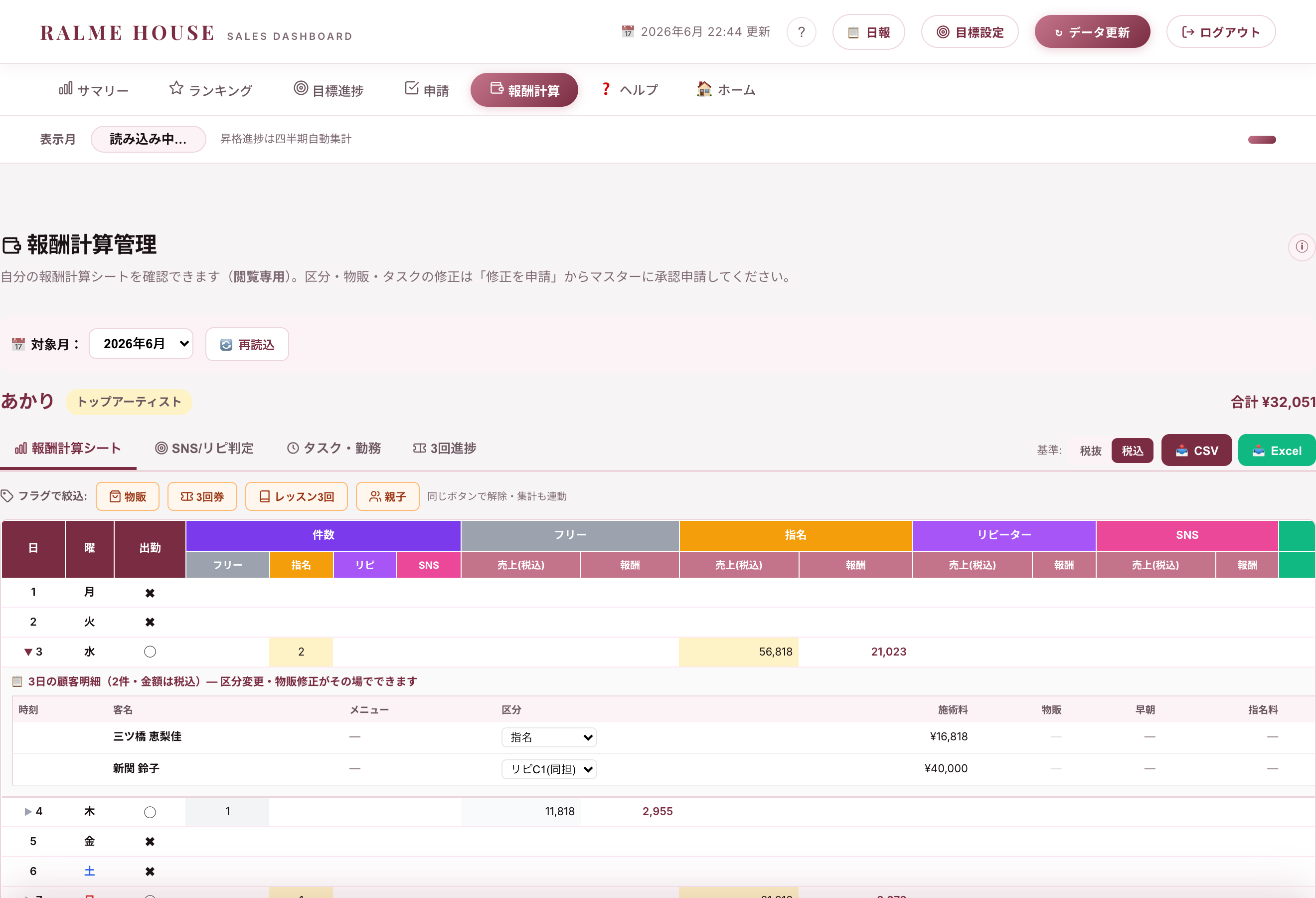 報酬計算シートの顧客明細と区分プルダウン